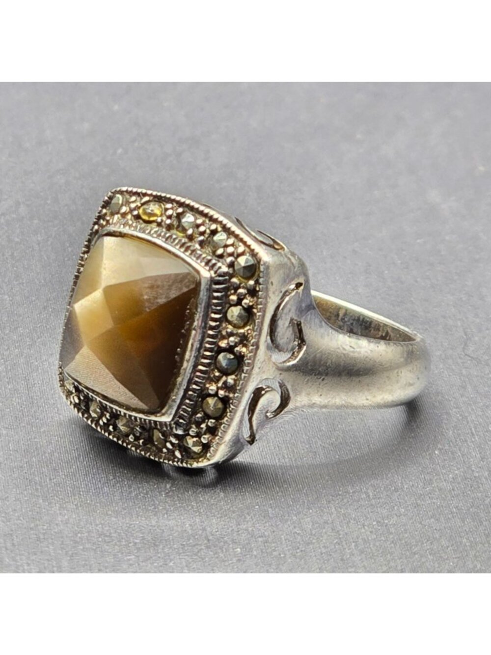 Vintage Sterling Silver Smokey Quartz Marcasite Ring Size 7 Art Deco Dome Cutout - Picture 10 of 15